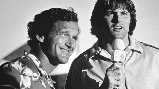 Fred Hemmings (left) and Bruce Jenner, on ABC's Wide World if Sports, early 1980s. Photo: Leonard Brady