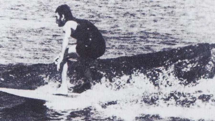 Bruce Springsteen surfing in New Jersey, around 1972