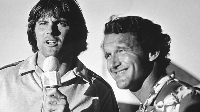 Fred Hemmings (left) and Bruce Jenner at North Shore contest event, around 1980. Photo: Leonard Brad