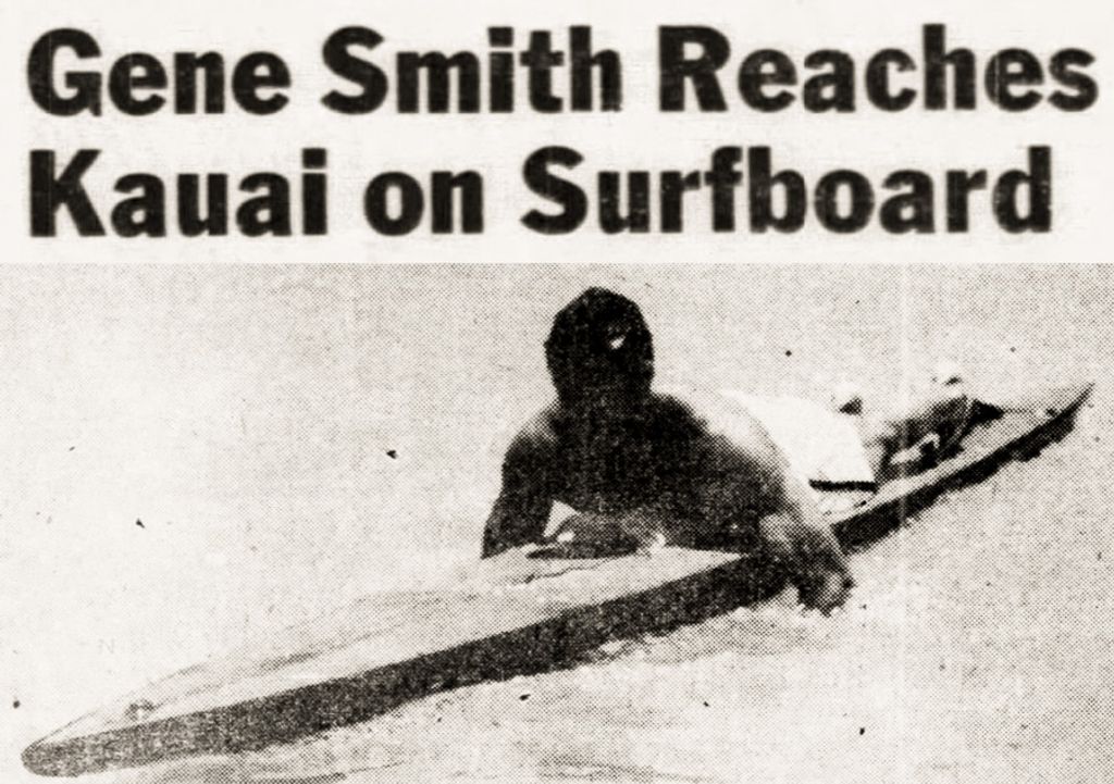 Headline about paddleboard champion Gene Tarzan Smith