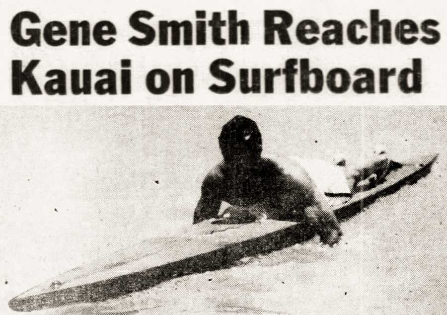 Headline about paddleboard champion Gene Tarzan Smith