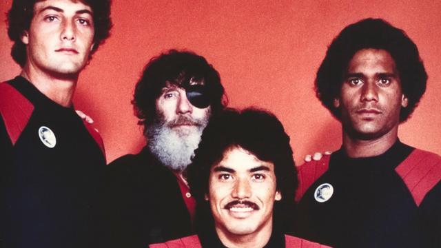 (L to R) Shaun Tomson, wetsuit innovator Jack O'Neill, Reno Abellira, Dane Kealoha, around 1980