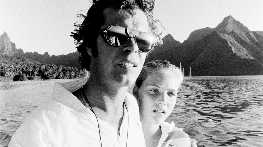 French surfer Arnaud de Rosnay and Jenna Severson, in Tahiti, in 1980