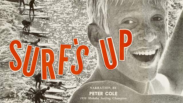"Surf's Up" poster featuring zinc-wearing young surfer (1961)