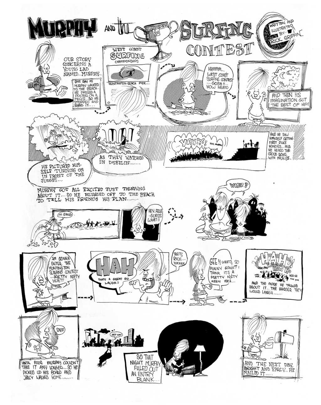 Surf cartoon "Murphy and the Surfing Contest," by surf artist Rick Griffin in SURFER Magazine in the 1960s