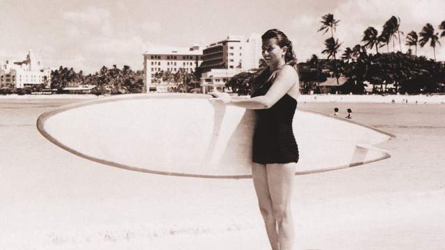 Swallowtail surfboard, Waikiki, 1954