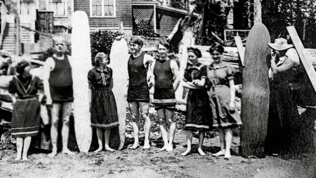 Surfers in Joe Creek, Washington, early 1900s.