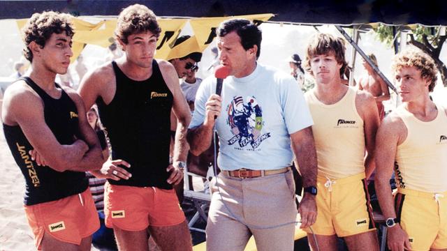 (L to R) Mark Price, Shaun Tomson, Fred Hemmings, Wayne Bartholomew, Tom Carroll, 1979. Photo: Jeff Divine