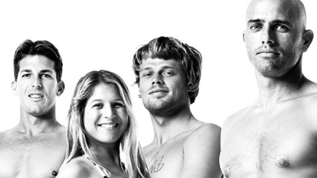 (L to R) Andy Irons, Sofia Mulanovich, Dane Reynolds, Kelly Slater, 2008. Photo: Art Brewer