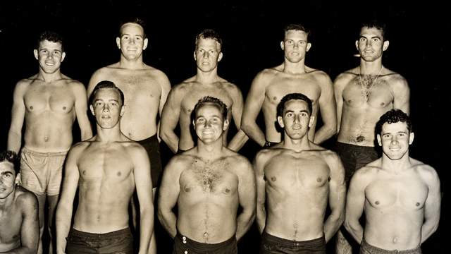 Bev Morgan, center rear, with Los Angeles County lifeguards, 1956
