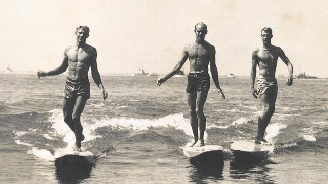(L to R) Dave Rochlen, Pete Peterson, unknown, Long Beach, 1950
