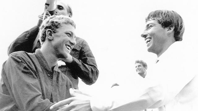 1965 world champion Felipe Pomar (right) and Nat Young.