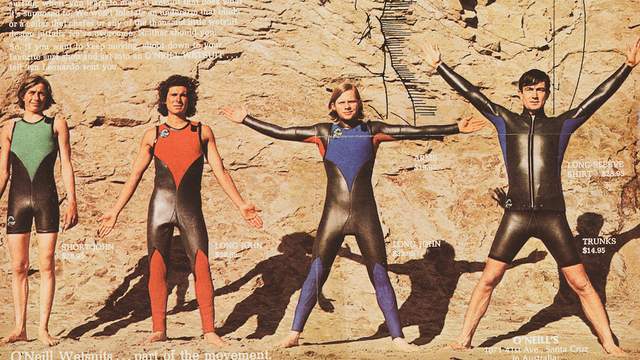 Detail from 1970 O'Neill Wetsuits ad; long john second from left