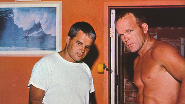 Buzzy Trent (right) and Dick Brewer; detail from 1965 Hobie Surfboards ad