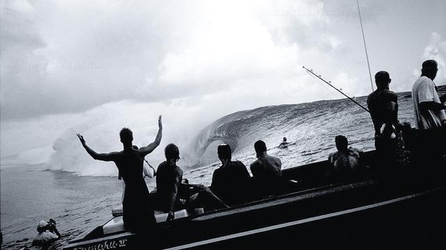 Boat in the channel at Teahupoo, Tahiti. Photo: Sean Davey
