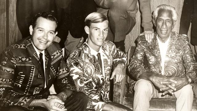 (L to R) Kimo McVay, Jock Sutherland, Duke Kahanamoku, 1966