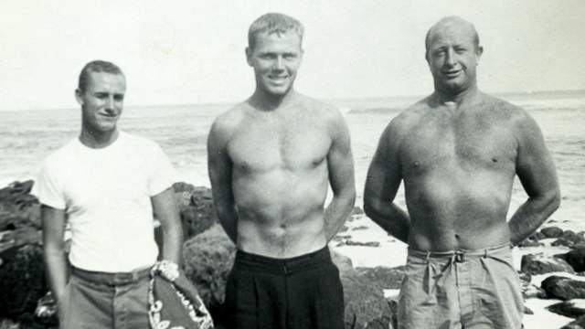 (L to R) LJ Richards, Phil Edwards, Hevs McClelland, Hawaii, 1958