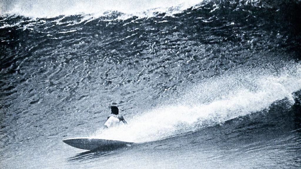 Michael Ho bottom turning at Sunset Beach in 1976