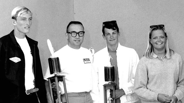 (L to R) Mike Tabeling, unknown, Rolf Aurness, Joyce Hoffmann, 1967 Laguna Masters, Redondo. Photo: Grannis