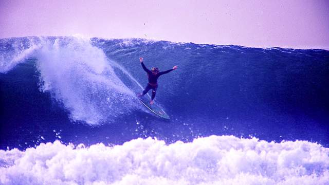 Dan Flecky rides a walled-up wave at Newport Point, 1972