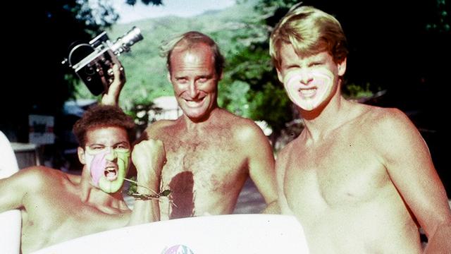 Ronnie Burns (right) with filmmaker Steve Soderberg and Johnny-Boy Gomes, Tahiti, 1987