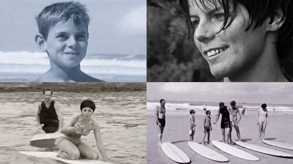 Young surfers taking a surf lesson in Biarritz, France, in 1966