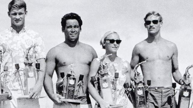 (L to R) Randy Rarick, Ben Aipa, Sharron Weber, Jock Sutherland, 1966 Hawaiian State Championships