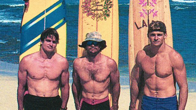 (L to R) Buzzy Kerbox, Darrick Doerner, Laird Hamilton, 1992