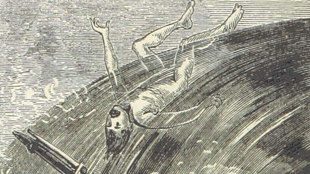 Over the falls in the 19th century; engraving from Mark Twain's "Roughing It" (1873)