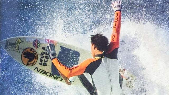 Surfing using gloves and traction pad, 1989