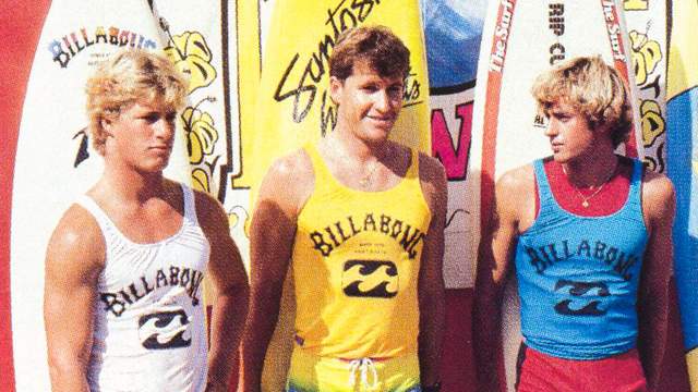 (L to R) Mark Occhilupo, Mitch Thorson, Tom Curren, 1985 Billabong Pro