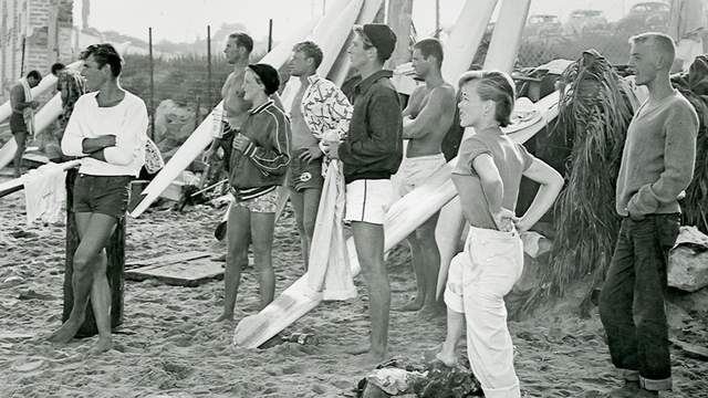 Dave Rochlen, fourth from left, Malibu, 1950. Photo: Joe Quigg