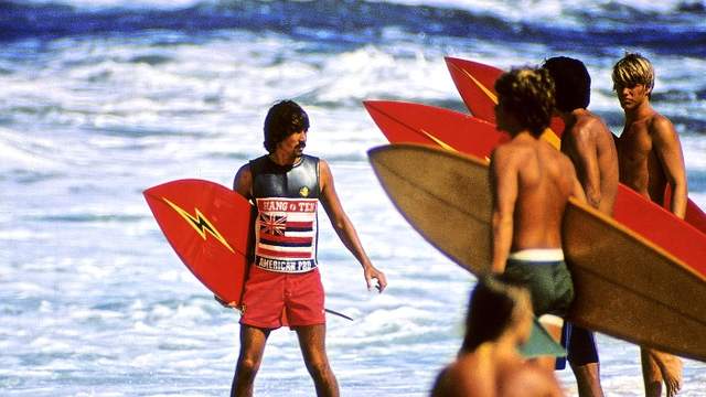 Gerry Lopez and pit crew, 1974 Hang Ten Pro, Sunset. Photo: Jeff Divine