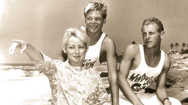 Windansea Surf Club members Linda Benson, left, and Mike Hynson, far right, 1963