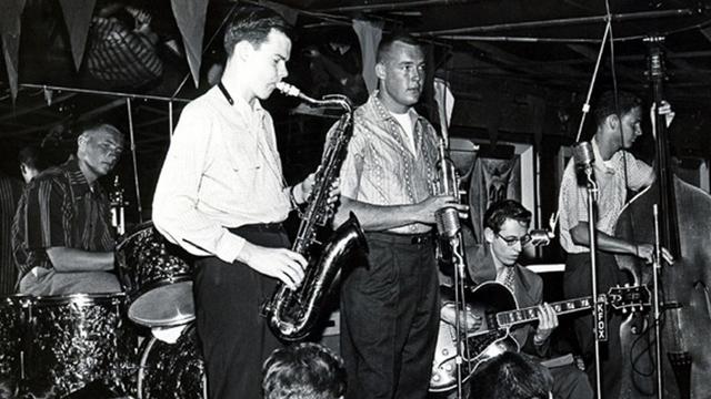 Tom Morey on drums, around 1953, with the Four-Eyed Five