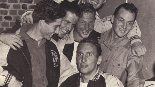 Cliff Tucker, bottom, with fellow Palos Verdes Surfing Club members. Photo: Doc Ball