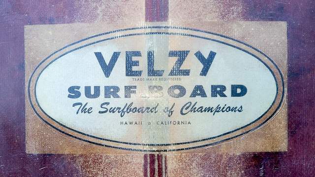 Velzy Surfboards label, late 1950s