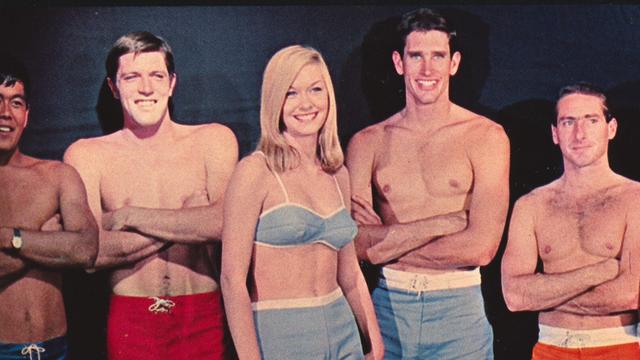 (L to R) Harold Iggy, Butch Van Artsdalen, unknown, Joey Cabell, Mickey Munoz; 1963 Hang Ten ad