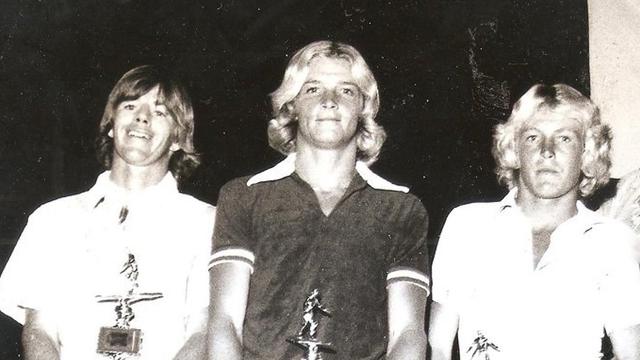 Pat Mulhern (center) with Wayne Bartholomew (left) and Matt Kechle, 1977