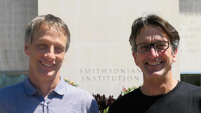 Tony Hawk (left) and former SURFER editor Steve Hawk at the Smithsonian, 2013