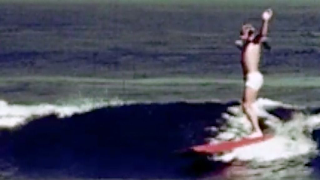 surfer on hollow board at Malibu in the 1940s