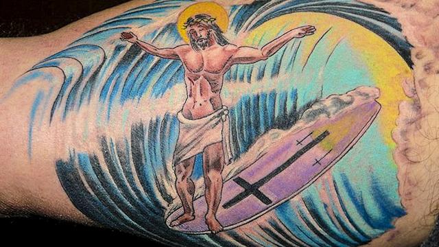 Surfing Jesus tattoo, 2014