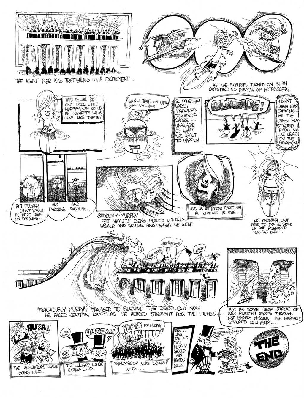 Surf cartoon "Murphy and the Surfing Contest," by surf artist Rick Griffin in SURFER Magazine in the 1960s