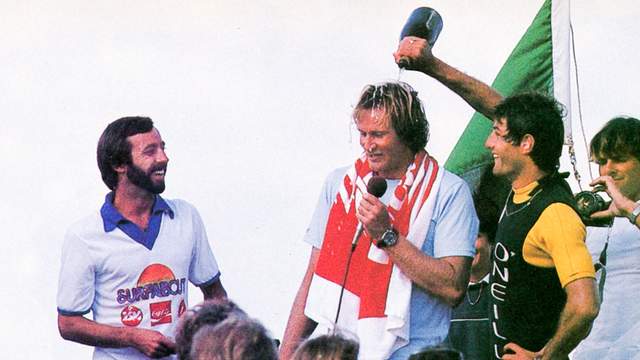 Paul Holmes (left), competition director of 1981 Surfabout, with winner Simon Anderson and runner-up Shaun Tomson