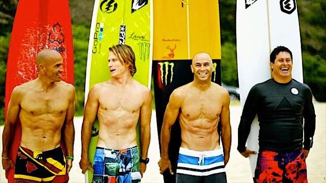 2012 Quiksilver-Eddie opening ceremony. Left to right: Slater, Healey, Dorian, Wassel
