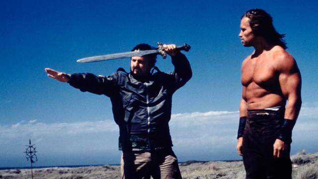John Milius with Arnold Schwarzenegger, in "Conan the Barbarian" (1982)