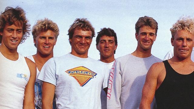 (L to R) Curren, Day, Winton, Burness, Lynch, Carroll; Cronulla, 1986. Photo: Dick Hoole