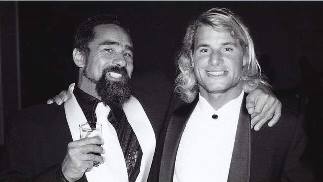 Mark Occhilupo (right) and Maurice Cole, 1999 WCT banquet. Photo: Tom Servais