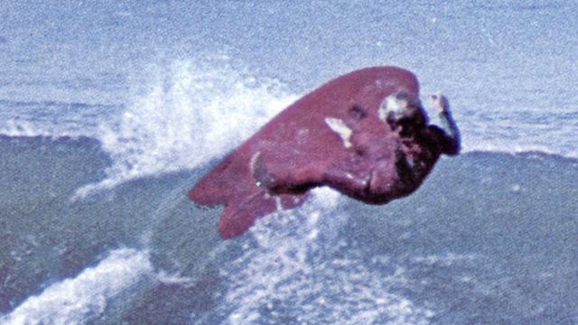 Surfer on a swallowtail fish board, 1973. Photo: Larry Pope