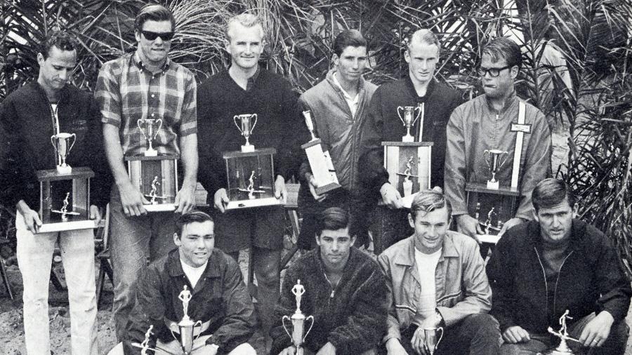 surfers at 1966 surfing contest at swamis